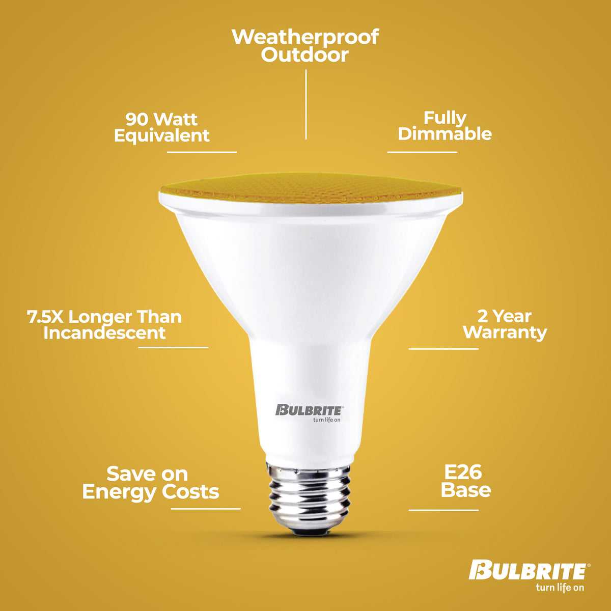 Bulbrite PAR38 LED Reflector Bulb, 15W, 90W Equivalent, E26 Base, Yellow Finish, Dimmable, 2-Pack