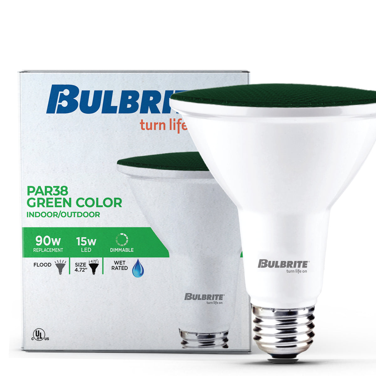 Bulbrite PAR38 LED Reflector Bulb, 15W, 90W Equivalent, E26 Base, Blue Finish, Dimmable, 2-Pack, Green