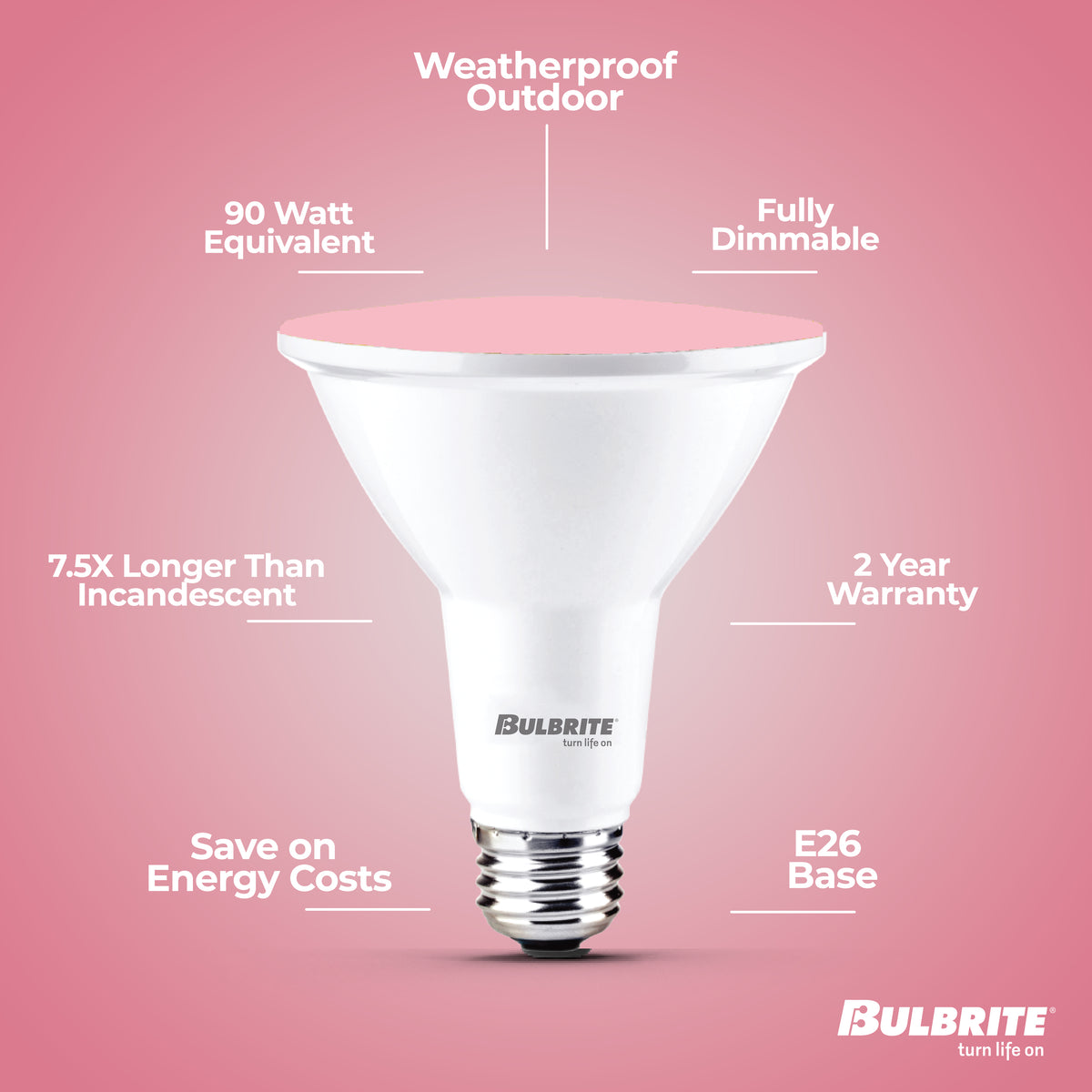 Bulbrite PAR38 LED Reflector Bulb, 15W, 90W Equivalent, E26 Base, Pink Finish, Dimmable, 2-Pack