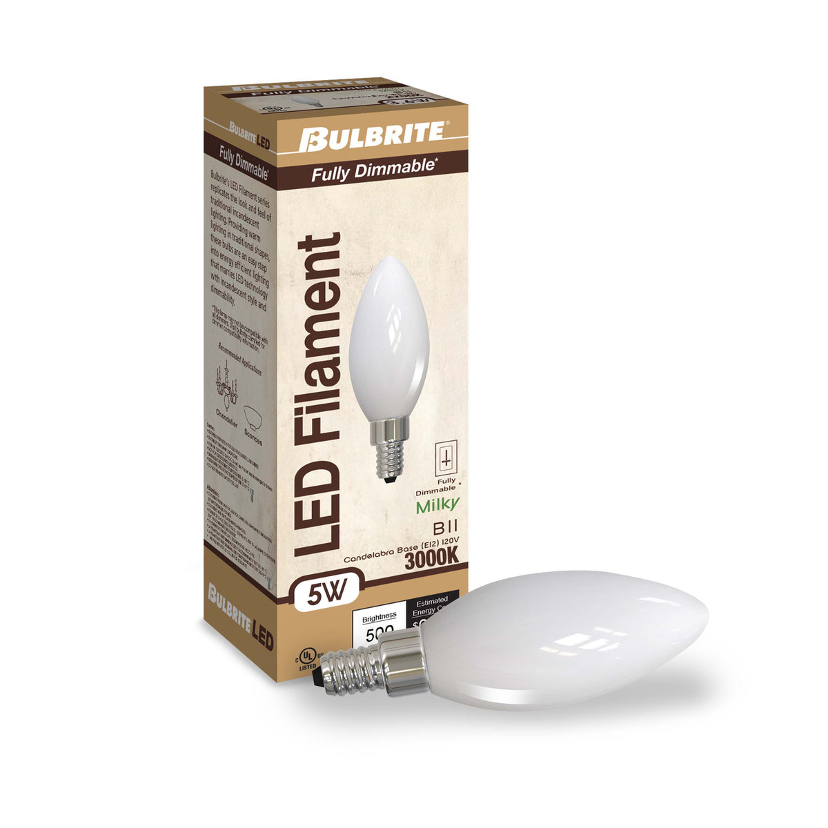 Bulbrite 5W Dimmable Milky Finish B11 E12 Candelabra Base LED Bulb – 500 Lumens, 3000K, and 80 CRI, 4-Pack