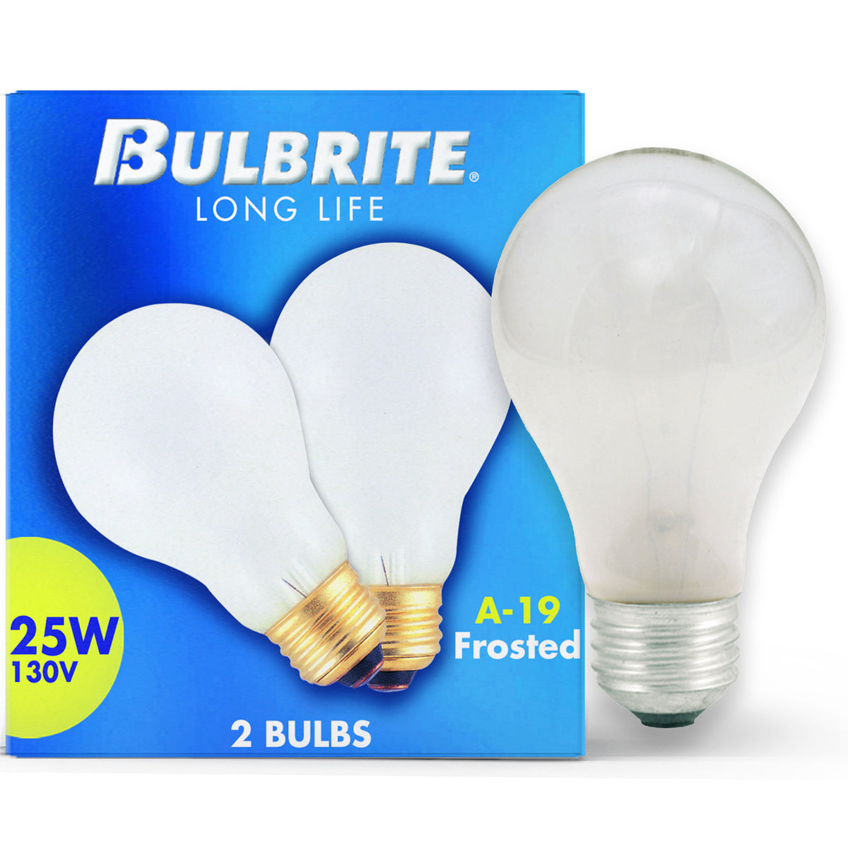 Bulbrite A19 Incandescent Light Bulb, 25W, 2700K, E26 Base, Frost Finish, Dimmable, 50-Pack