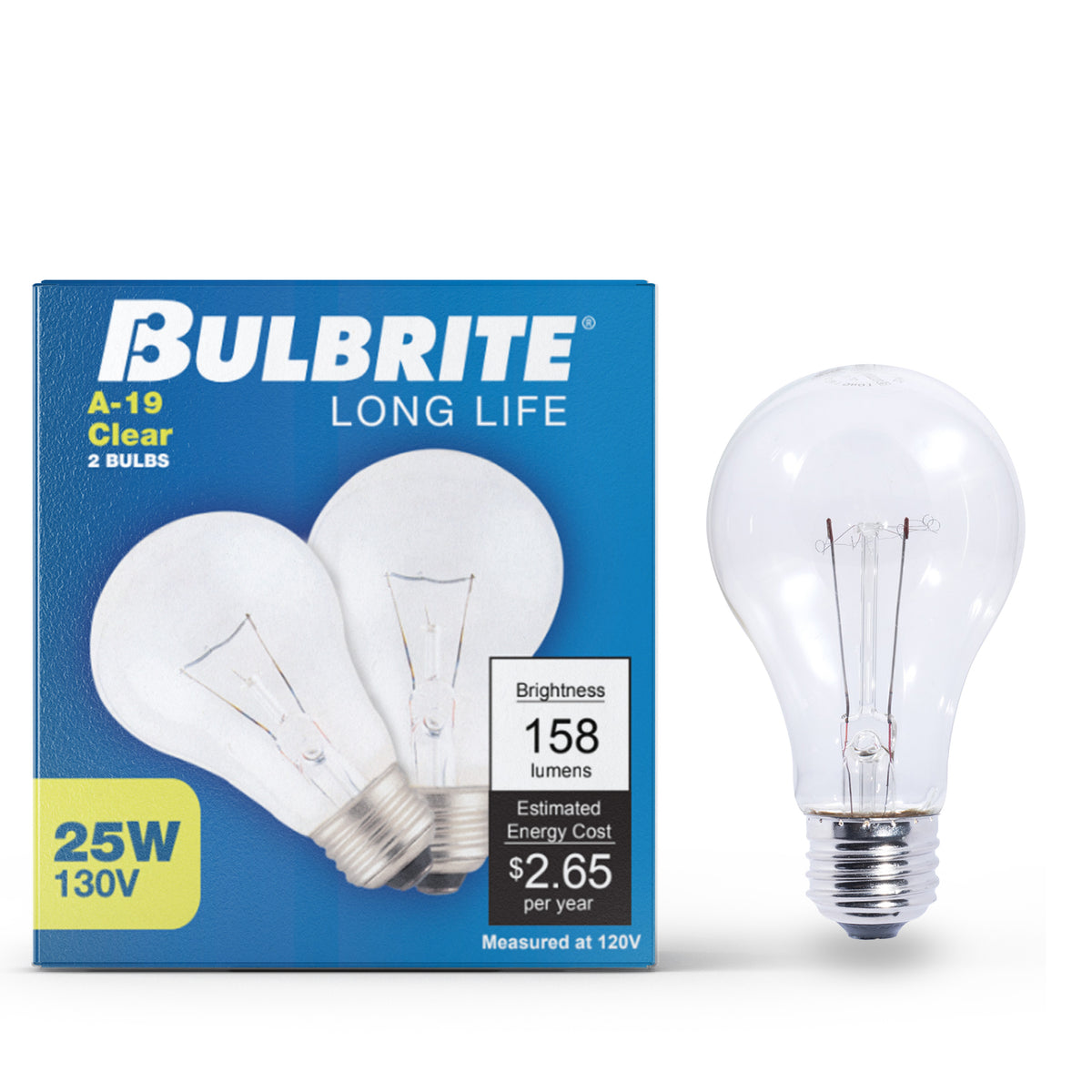 Bulbrite A19 Incandescent Light Bulb, 25W, 2700K, E26 Base, Clear Finish, Dimmable, 50-Pack