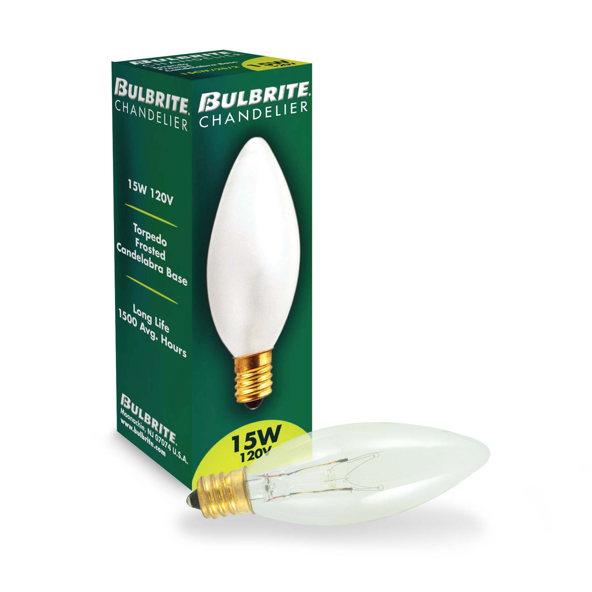 Bulbrite Torpedo 25mm, 15W Dimmable B8 Incandescent Light Bulbs with E12 Candelabra Base, Clear, 50-Pack