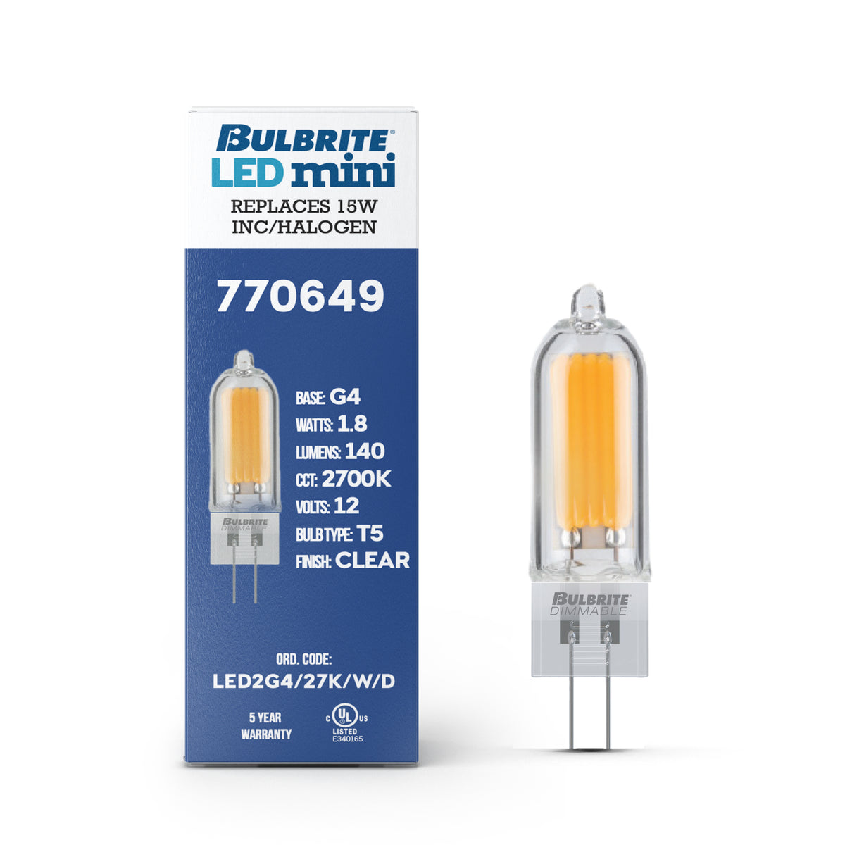 Bulbrite LED Filament 1.8W Dimmable T5 Light Bulb with Clear Glass Finish and (G4) Base – 2700K Warm White Light, 140 Lumens, 4-Pack