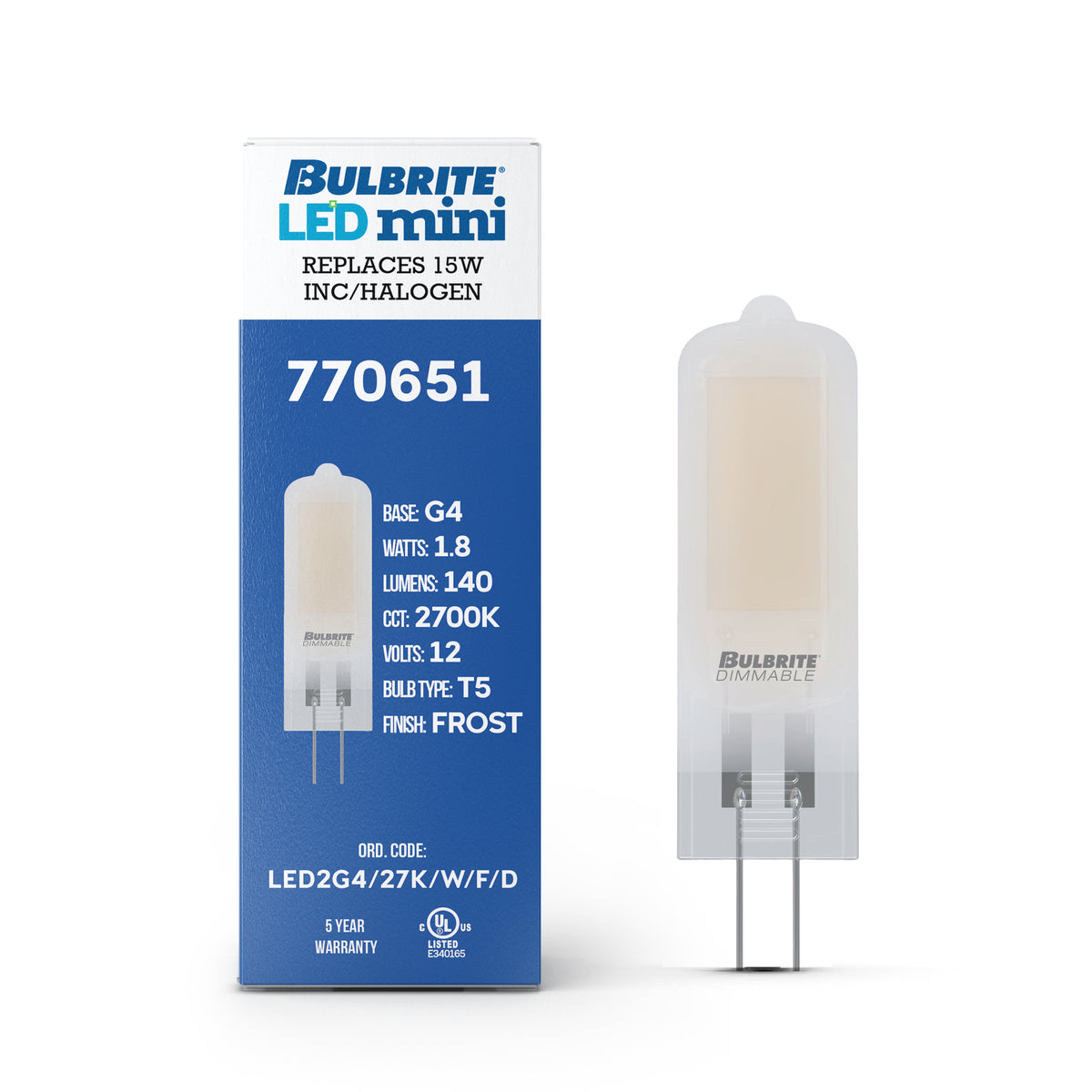 Bulbrite LED Filament 1.8W Dimmable T5 Light Bulb with Frost Glass Finish and (G4) Base – 2700K Warm White Light, 140 Lumens, 4-Pack