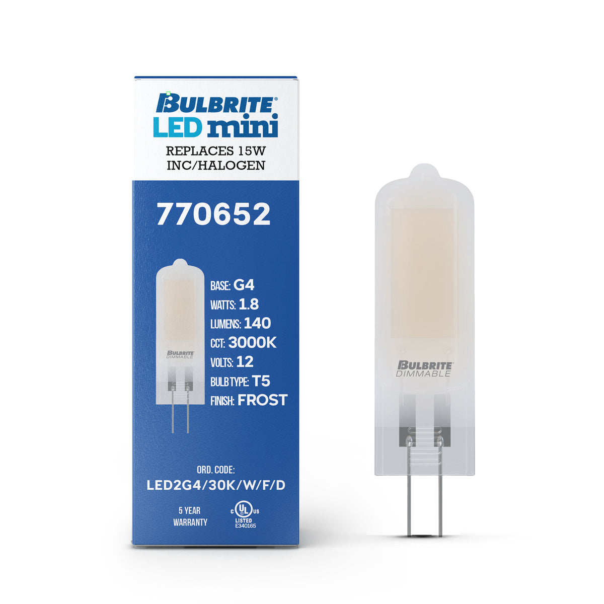 Bulbrite LED Filament 1.8W Dimmable T5 Light Bulb with Frost Glass Finish and (G4) Base – 3000K Soft White Light, 140 Lumens, 4-Pack