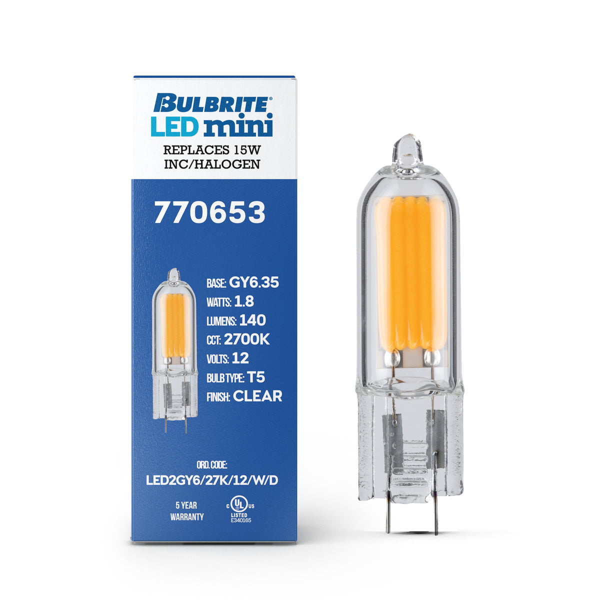 Bulbrite LED Filament 1.8W Dimmable T5 Light Bulb with Clear Glass Finish and (GY6.35) Base – 2700K Warm White Light, 140 Lumens, 4-Pack