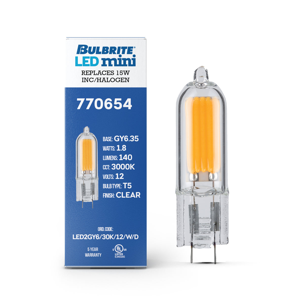 Bulbrite LED Filament 1.8W Dimmable T5 Light Bulb with Clear Glass Finish and (GY6.35) Base – 3000K Soft White Light, 140 Lumens, 4-Pack