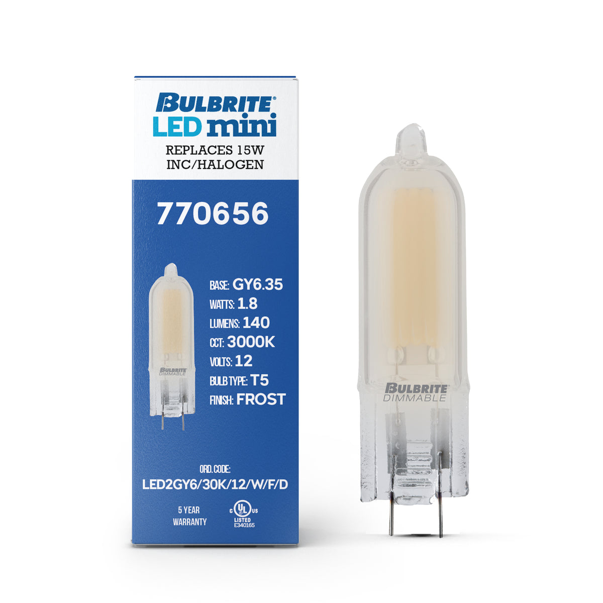 Bulbrite LED Filament 1.8W Dimmable T5 Light Bulb with Frost Glass Finish and (GY6.35) Base – 3000K Soft White Light, 140 Lumens, 4-Pack