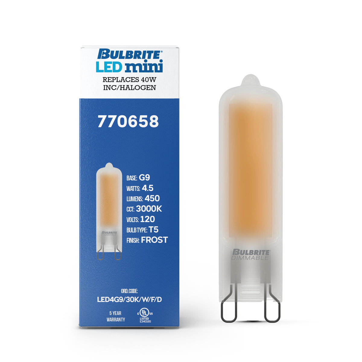 Bulbrite LED Filament 4.5W Dimmable T5 Light Bulb with Frost Glass Finish and (G9) Base – 3000K Soft White Light, 450 Lumens, 4-Pack