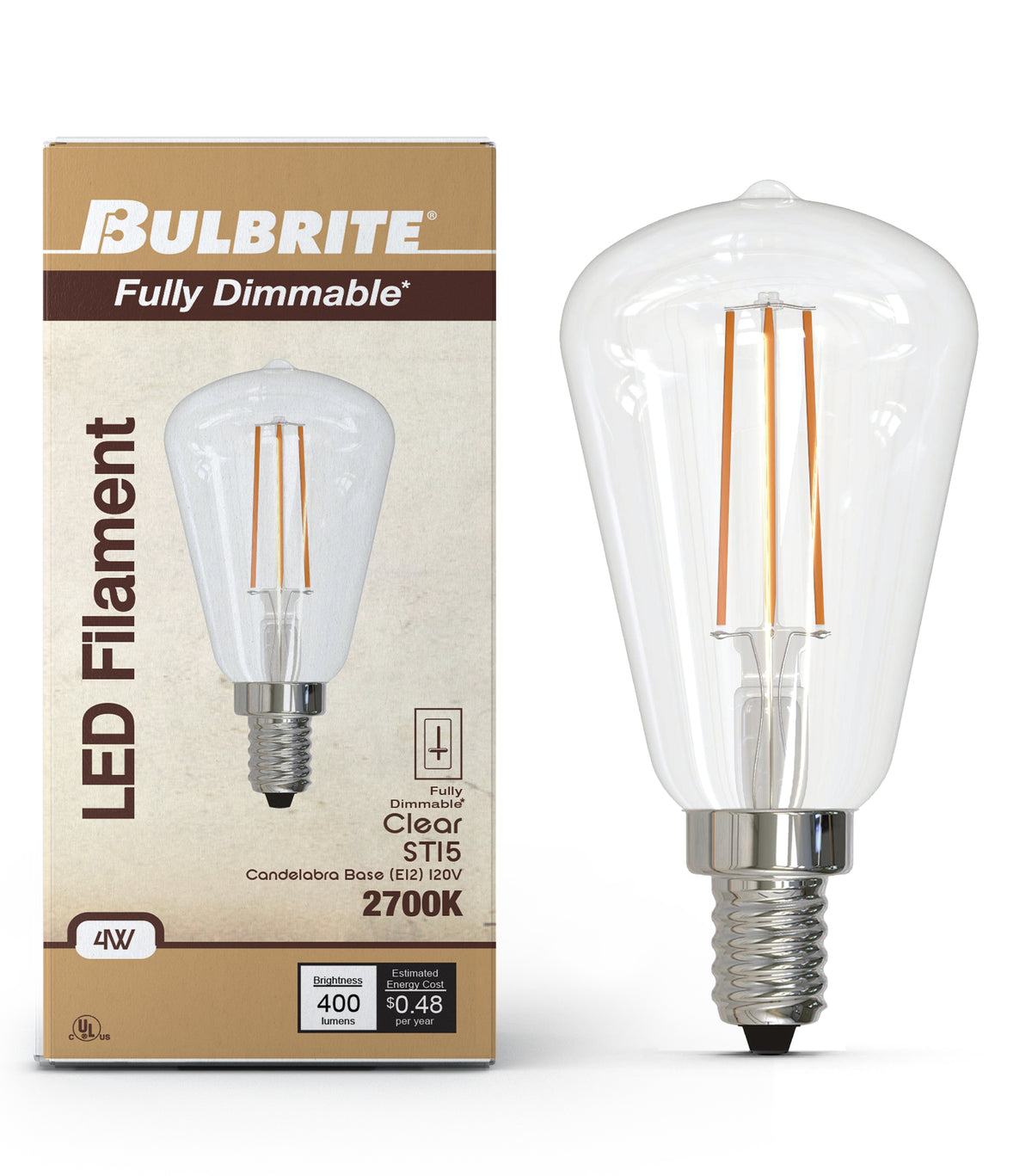 Bulbrite LED Filament 4W Dimmable ST15 Light Bulb with Clear Glass Finish and E12 Candelabra Base – 2700K Warm White Light, 400 Lumens, 4-Pack