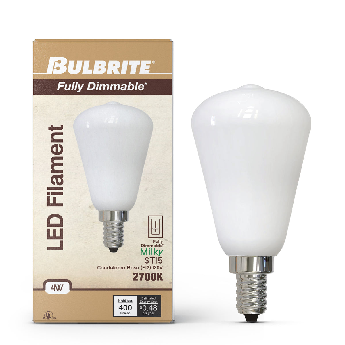 Bulbrite LED Filament 4W Dimmable ST15 Light Bulb with Milky Glass Finish and E12 Candelabra Base – 2700K Warm White Light, 400 Lumens, 4-Pack