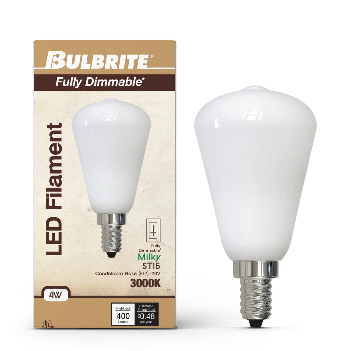 Bulbrite LED Filament 4W Dimmable ST15 Light Bulb with Milky Glass Finish and E12 Candelabra Base – 3000K Soft White Light, 400 Lumens, 4-Pack