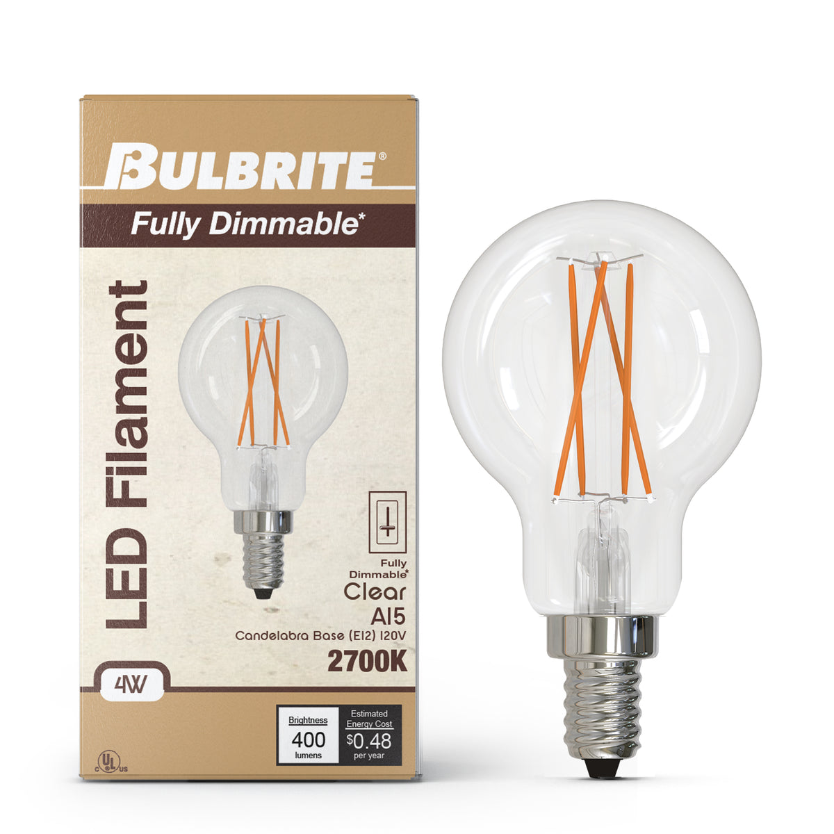 Bulbrite LED Filament 4W Dimmable A15 Light Bulb with Clear Glass Finish and E12 Candelabra Base – 2700K Warm White Light, 400 Lumens, 4-Pack