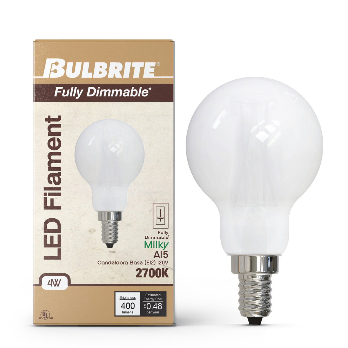 Bulbrite LED Filament 4W Dimmable A15 Light Bulb with Milky Glass Finish and E12 Candelabra Base – 3000K Soft White Light, 400 Lumens, 4-Pack