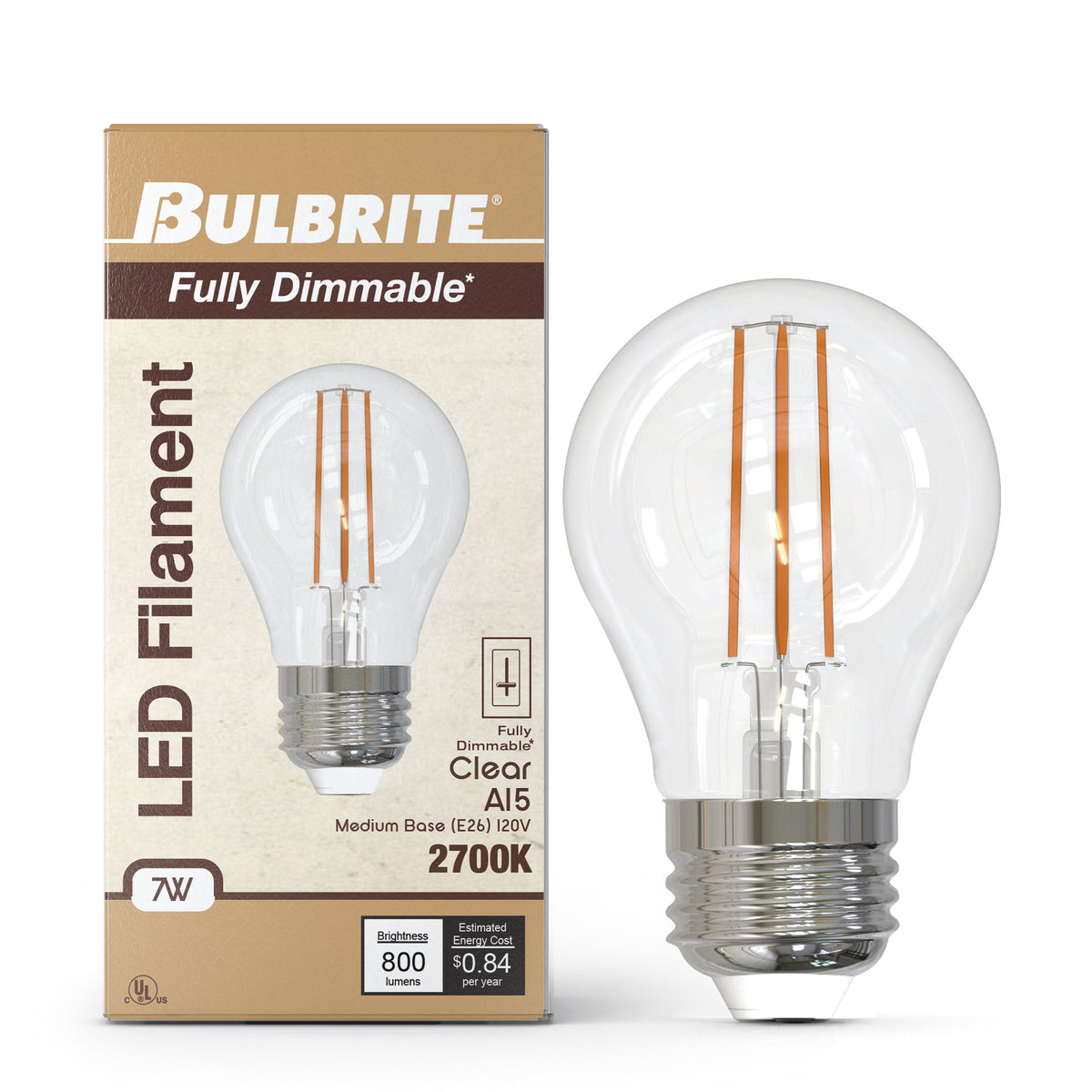 Bulbrite LED Filament 7W Dimmable A15 Light Bulb with Clear Glass Finish and E26 Medium Base – 2700K Warm White Light, 800 Lumens, 4-Pack, 3.29-Inch Length