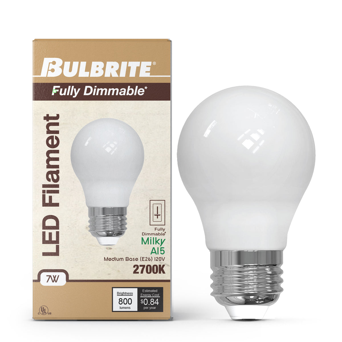 Bulbrite LED Filament 7W Dimmable A15 Light Bulb with Milky Glass Finish and E26 Medium Base – 2700K Warm White Light, 800 Lumens, 4-Pack