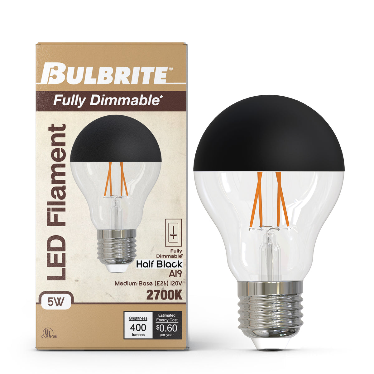 Bulbrite LED Filament 5W Dimmable A19 Light Bulb with Half Black Glass Finish and E26 Medium Base – 2700K Warm White Light, 400 Lumens, 4-Pack