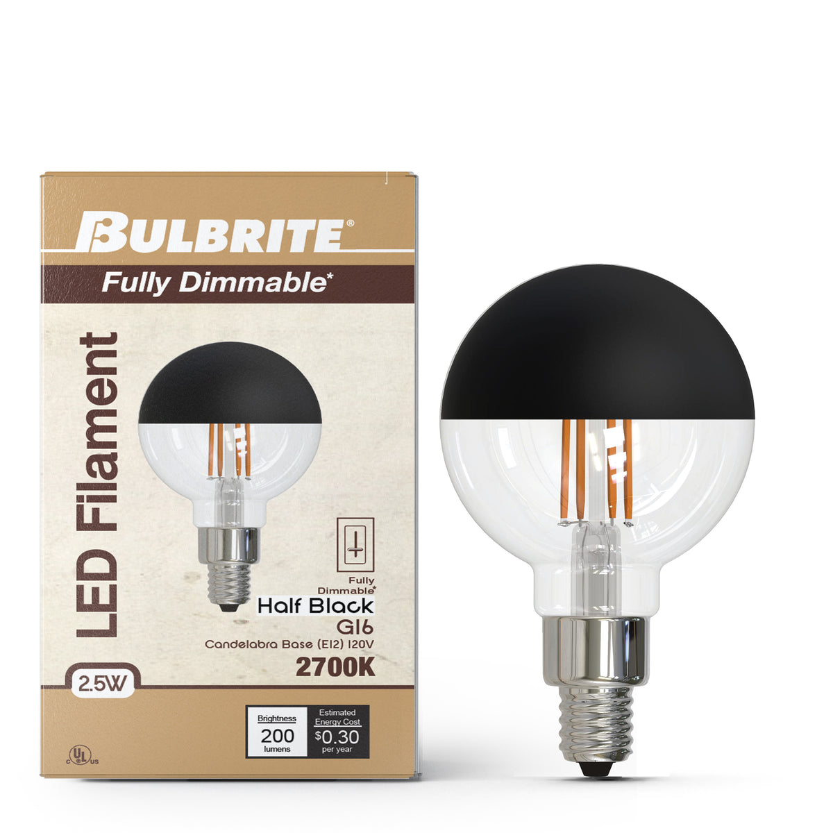 Bulbrite LED Filament 2.5W Dimmable G16 Light Bulb with Half Black Glass Finish and E12 Candelabra Base – 2700K Warm White Light, 200 Lumens, 2-Pack