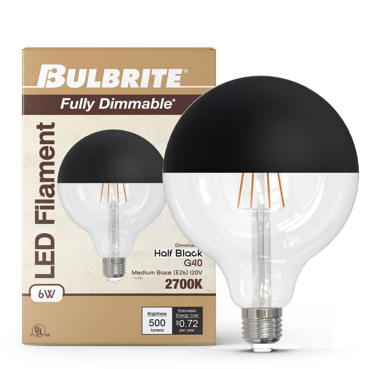 Bulbrite LED Filament 6W Dimmable G40 Light Bulb with Half Black Glass Finish and E26 Medium Base – 2700K Warm White Light, 500 Lumens, 4-Pack