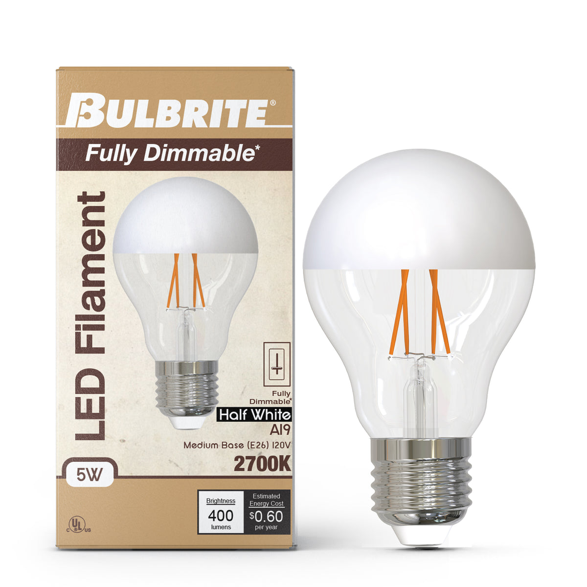 Bulbrite LED Filament 5W Dimmable A19 Light Bulb with Half White Glass Finish and E26 Medium Base – 2700K Warm White Light, 400 Lumens, 4-Pack