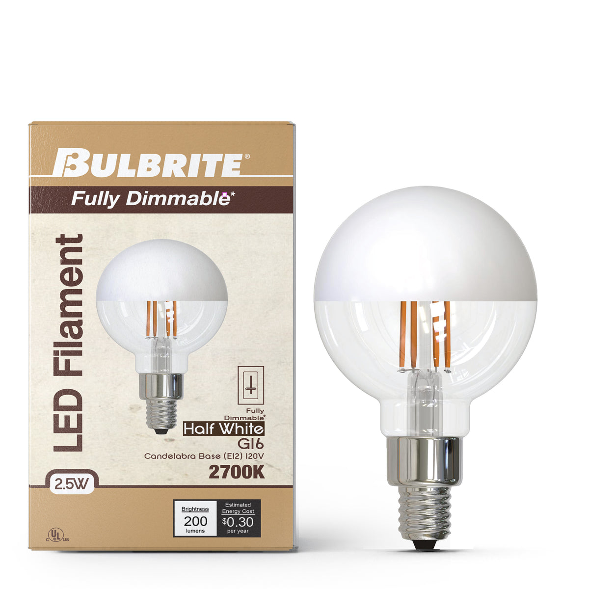 Bulbrite LED Filament 2.5W Dimmable G16 Light Bulb with Half White Glass Finish and E12 Candelabra Base – 2700K Warm White Light, 200 Lumens, 2-Pack