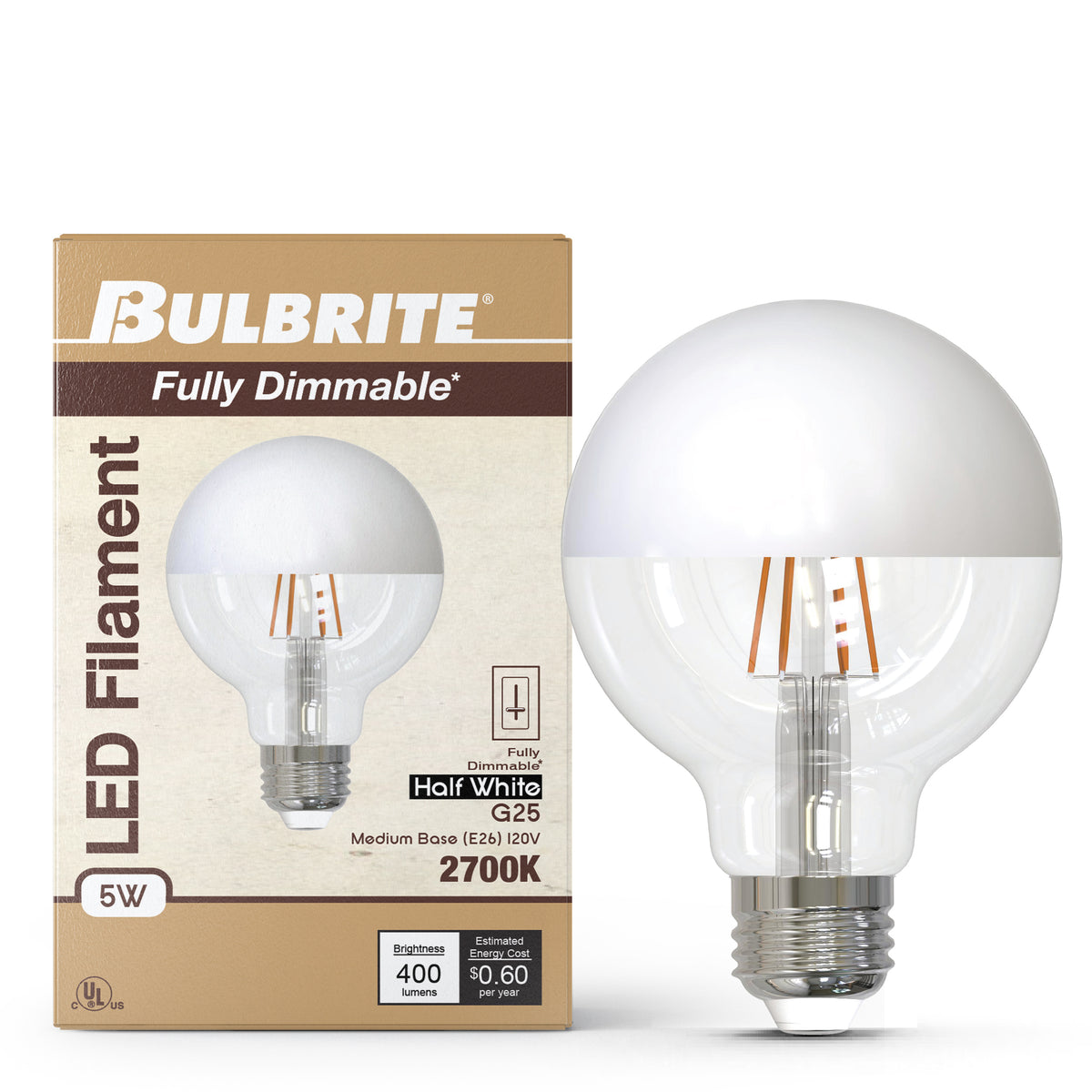 Bulbrite LED Filament 5W Dimmable G25 Light Bulb with Half White Glass Finish and E26 Medium Base – 2700K Warm White Light, 400 Lumens, 2-Pack