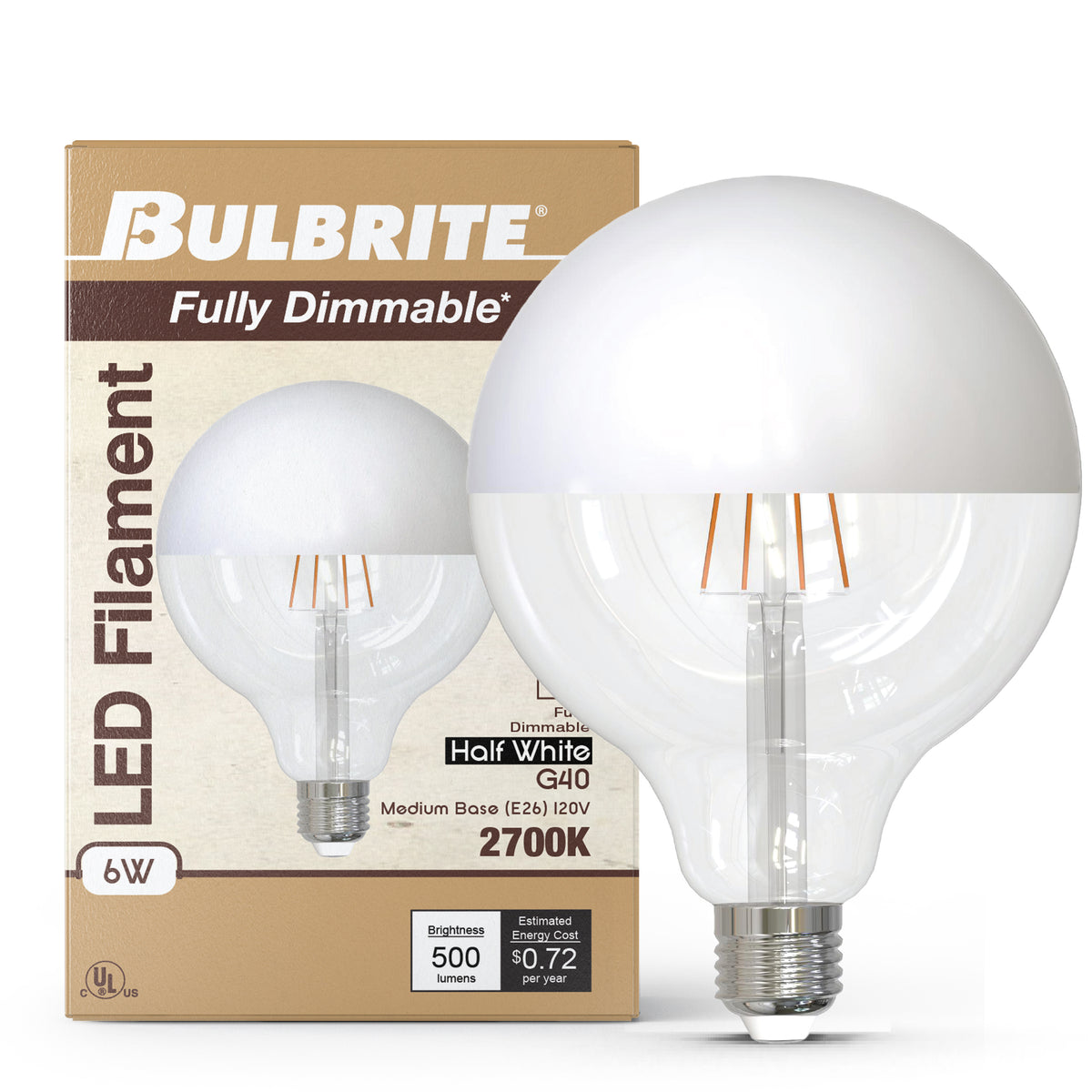 Bulbrite LED Filament 6W Dimmable G40 Light Bulb with Half White Glass Finish and E26 Medium Base – 2700K Warm White Light, 500 Lumens, 2-Pack