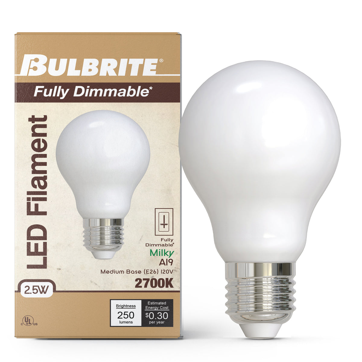 Bulbrite LED Filament 2.5W Dimmable A19 Light Bulb with Milky Glass Finish and E26 Medium Base – 2700K Warm White Light, 250 Lumens, 4-Pack