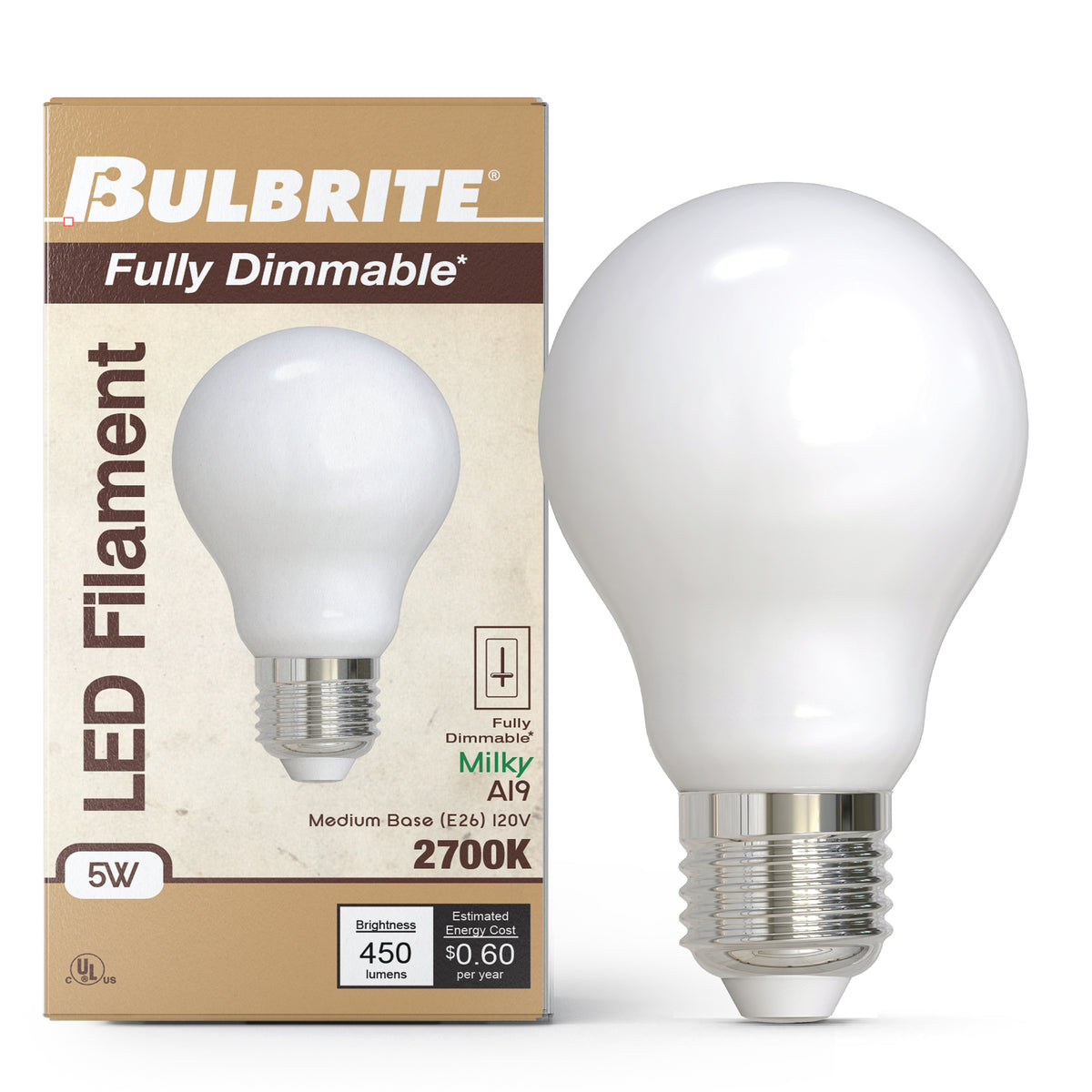 Bulbrite LED Filament 5W Dimmable A19 Light Bulb with Milky Glass Finish and E26 Medium Base – 2700K Warm White Light, 450 Lumens, 4-Pack