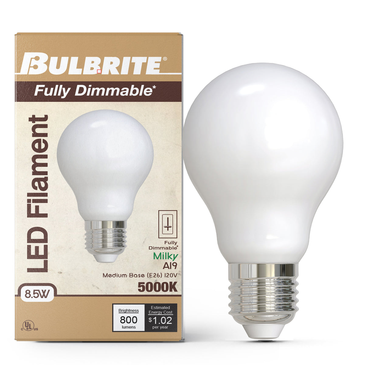 Bulbrite LED Filament 8.5W Dimmable A19 Light Bulb with Milky Glass Finish and E26 Medium Base – 5000K Soft Daylight Light, 800 Lumens, 4-Pack
