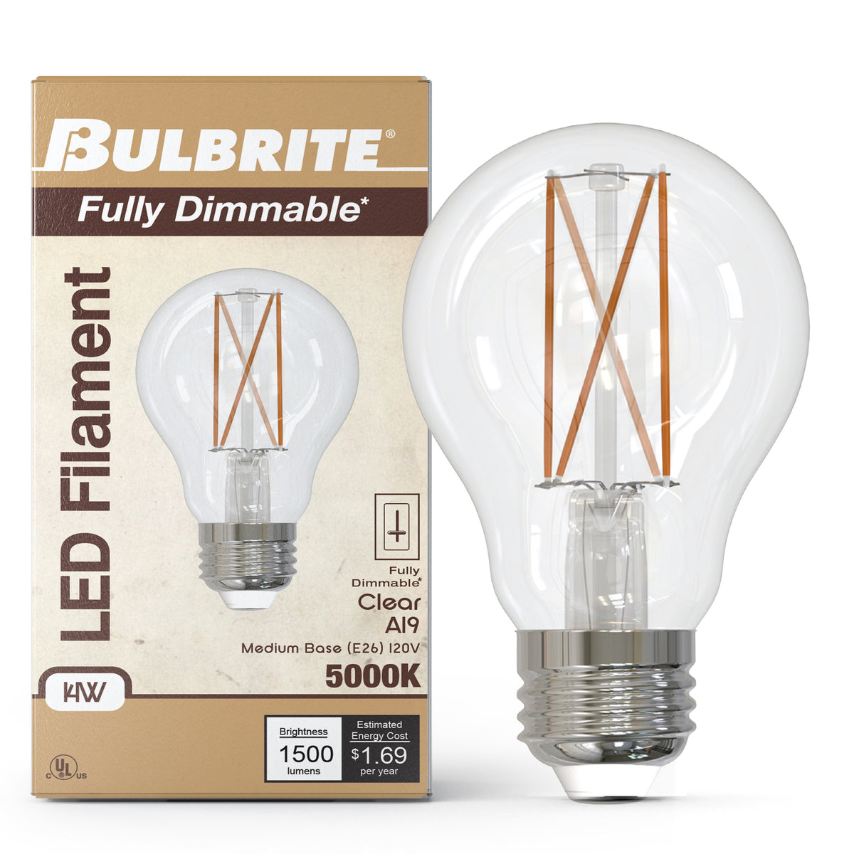 Bulbrite LED Filament 14W Dimmable A19 Light Bulb with Clear Glass Finish and E26 Medium Base – 5000K Soft Daylight Light, 1500 Lumens, 4-Pack