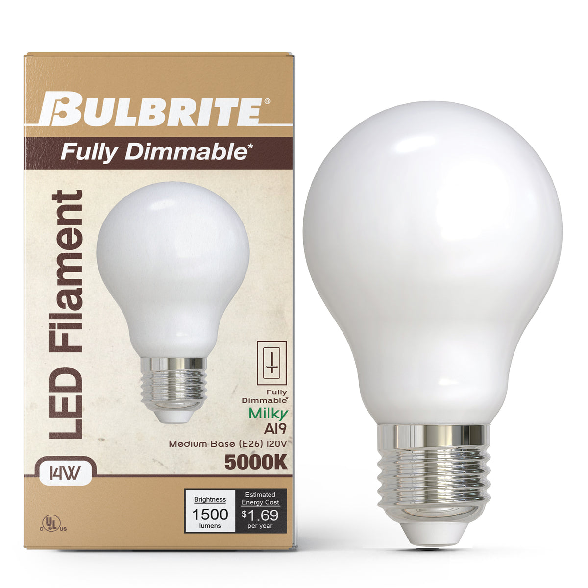 Bulbrite LED Filament 14W Dimmable A19 Light Bulb with Milky Glass Finish and E26 Medium Base – 5000K Soft Daylight Light, 1500 Lumens, 4-Pack