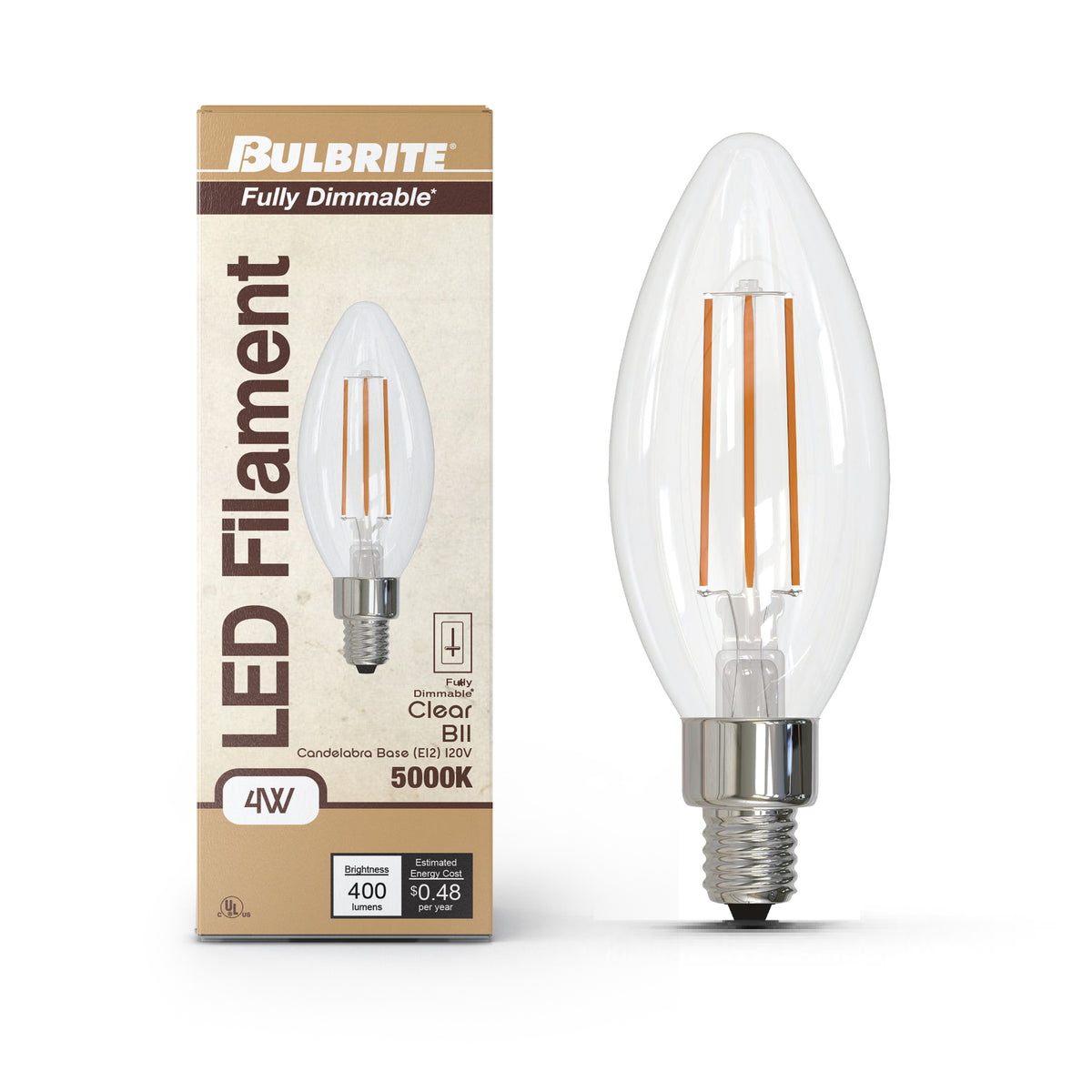 Bulbrite LED Filament 4W Dimmable B11 Light Bulb with Clear Glass Finish and E12 Candelabra Base – 5000K Soft Daylight Light, 400 Lumens, 4-Pack