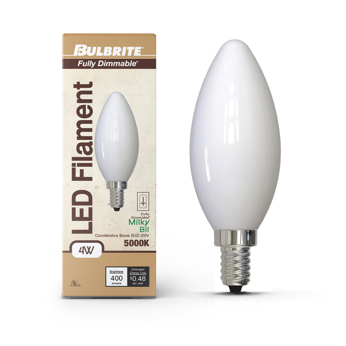 Bulbrite LED Filament 4W Dimmable B11 Light Bulb with Milky Glass Finish and E12 Candelabra Base – 5000K Soft Daylight Light, 400 Lumens, 4-Pack