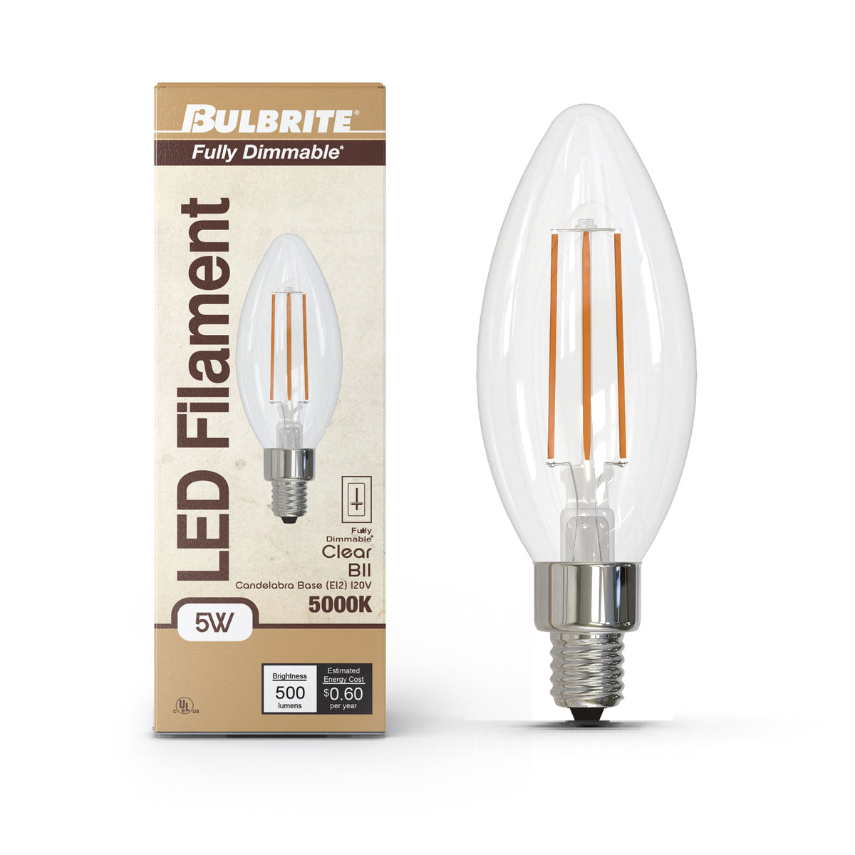 Bulbrite LED Filament 5W Dimmable B11 Light Bulb with Clear Glass Finish and E12 Candelabra Base – 5000K Soft Daylight Light, 500 Lumens, 4-Pack