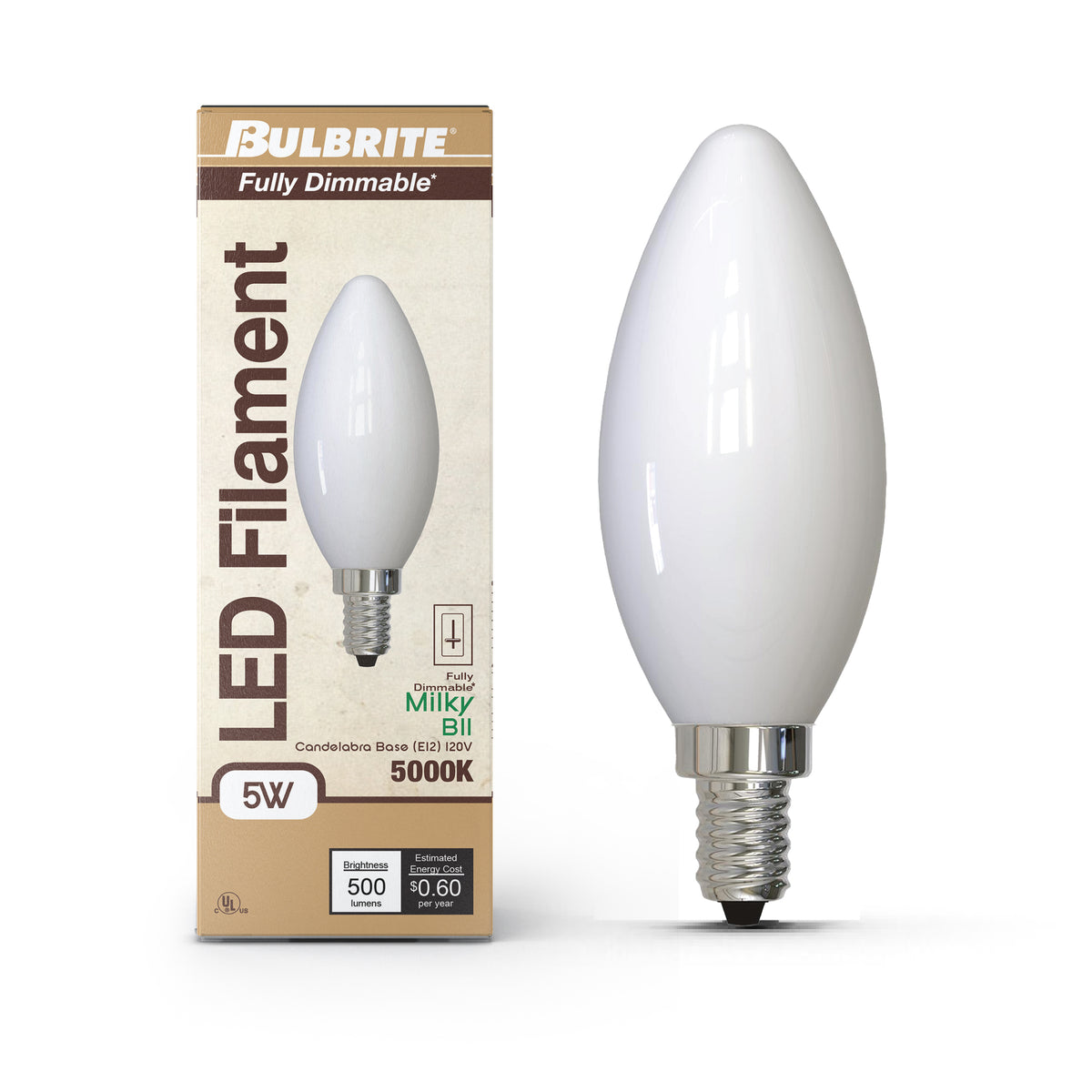Bulbrite LED Filament 5W Dimmable B11 Light Bulb with Milky Glass Finish and E12 Candelabra Base – 5000K Soft Daylight Light, 500 Lumens, 4-Pack