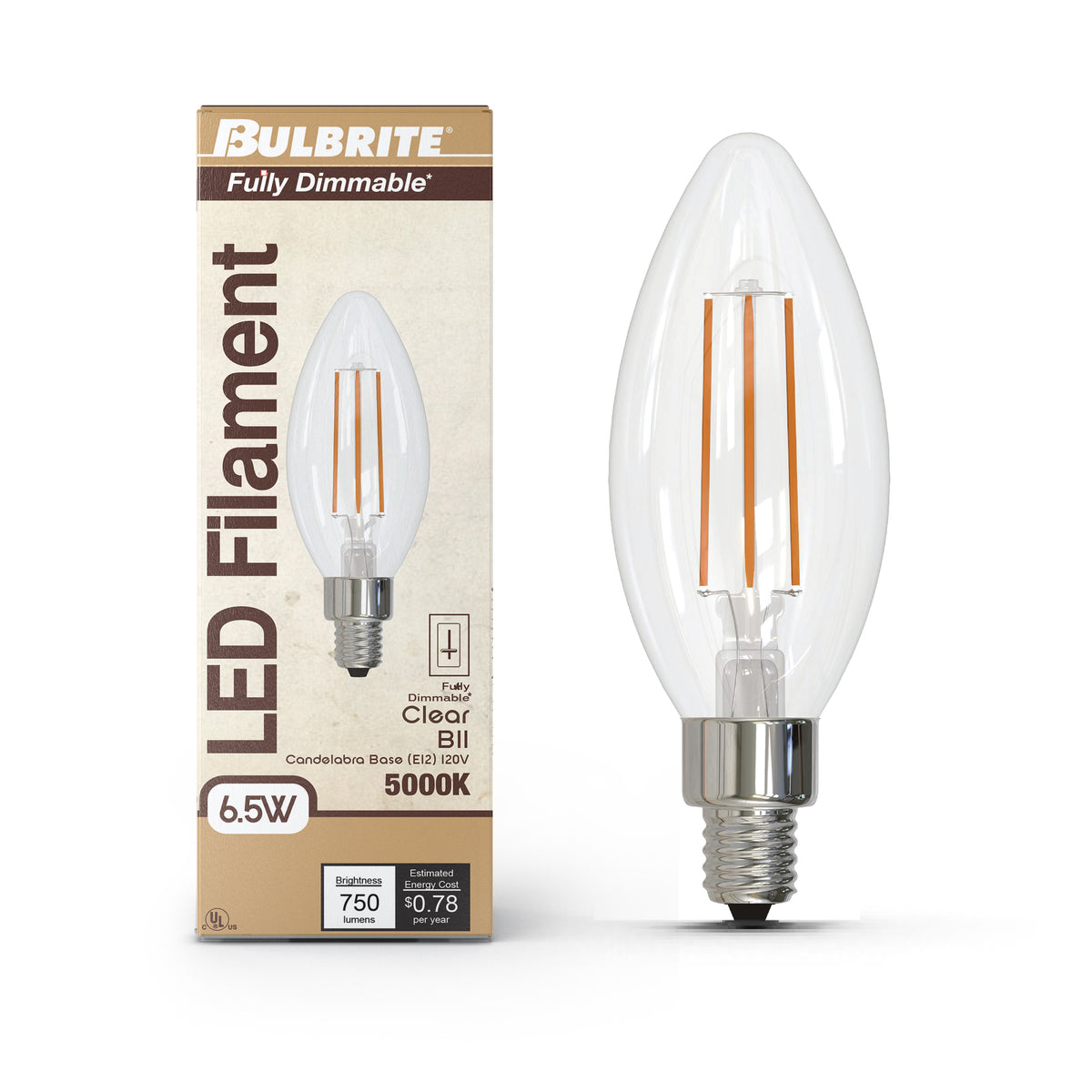 Bulbrite LED Filament 6.5W Dimmable B11 Light Bulb with Clear Glass Finish and E12 Candelabra Base – 5000K Soft Daylight Light, 750 Lumens, 4-Pack