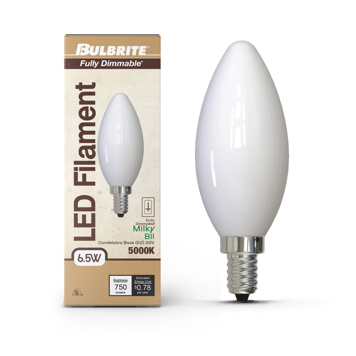 Bulbrite LED Filament 6.5W Dimmable B11 Light Bulb with Milky Glass Finish and E12 Candelabra Base – 5000K Soft Daylight Light, 750 Lumens, 4-Pack