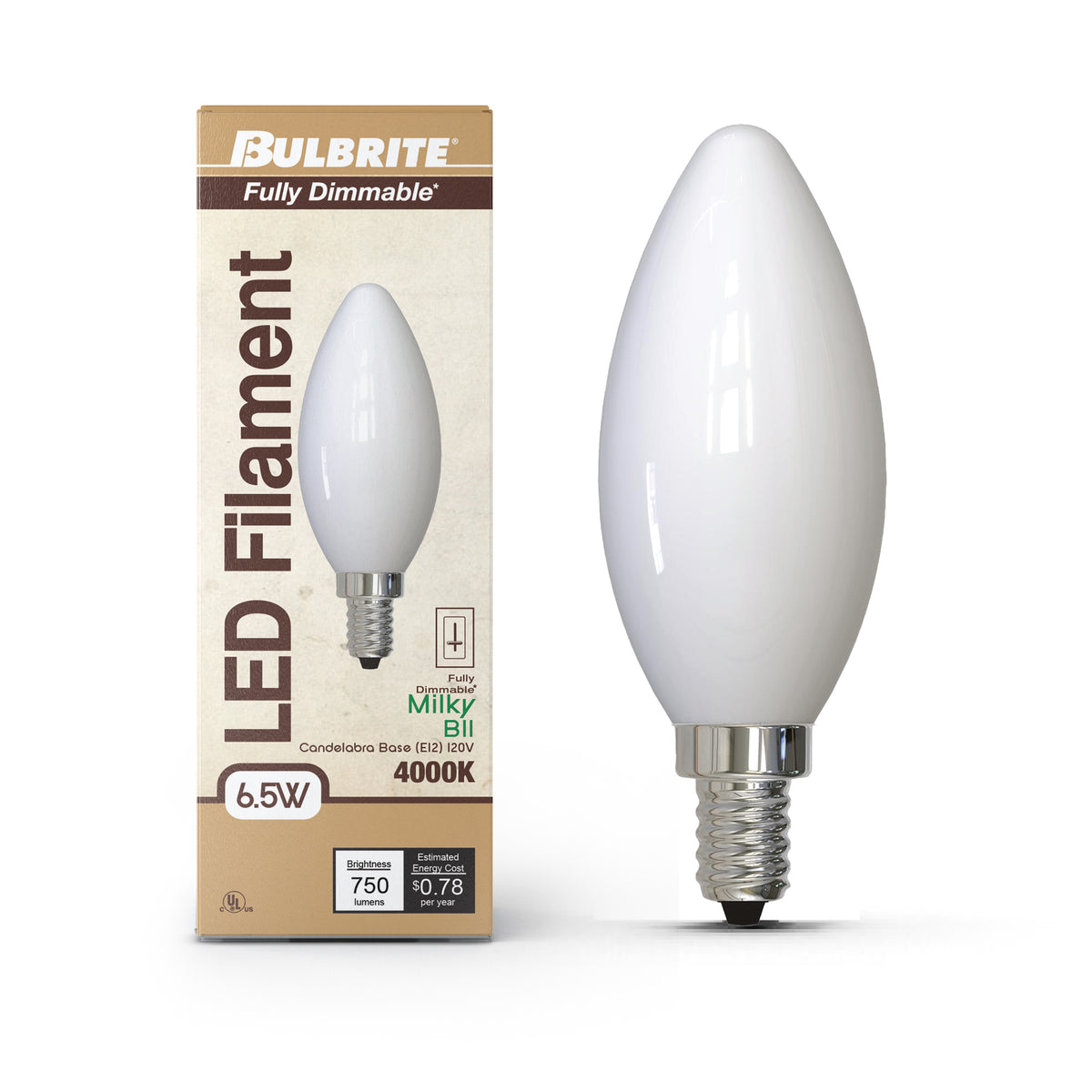 Bulbrite LED Filament 6.5W Dimmable B11 Light Bulb with Milky Glass Finish and E12 Candelabra Base – 4000K Cool White Light, 750 Lumens, 4-Pack