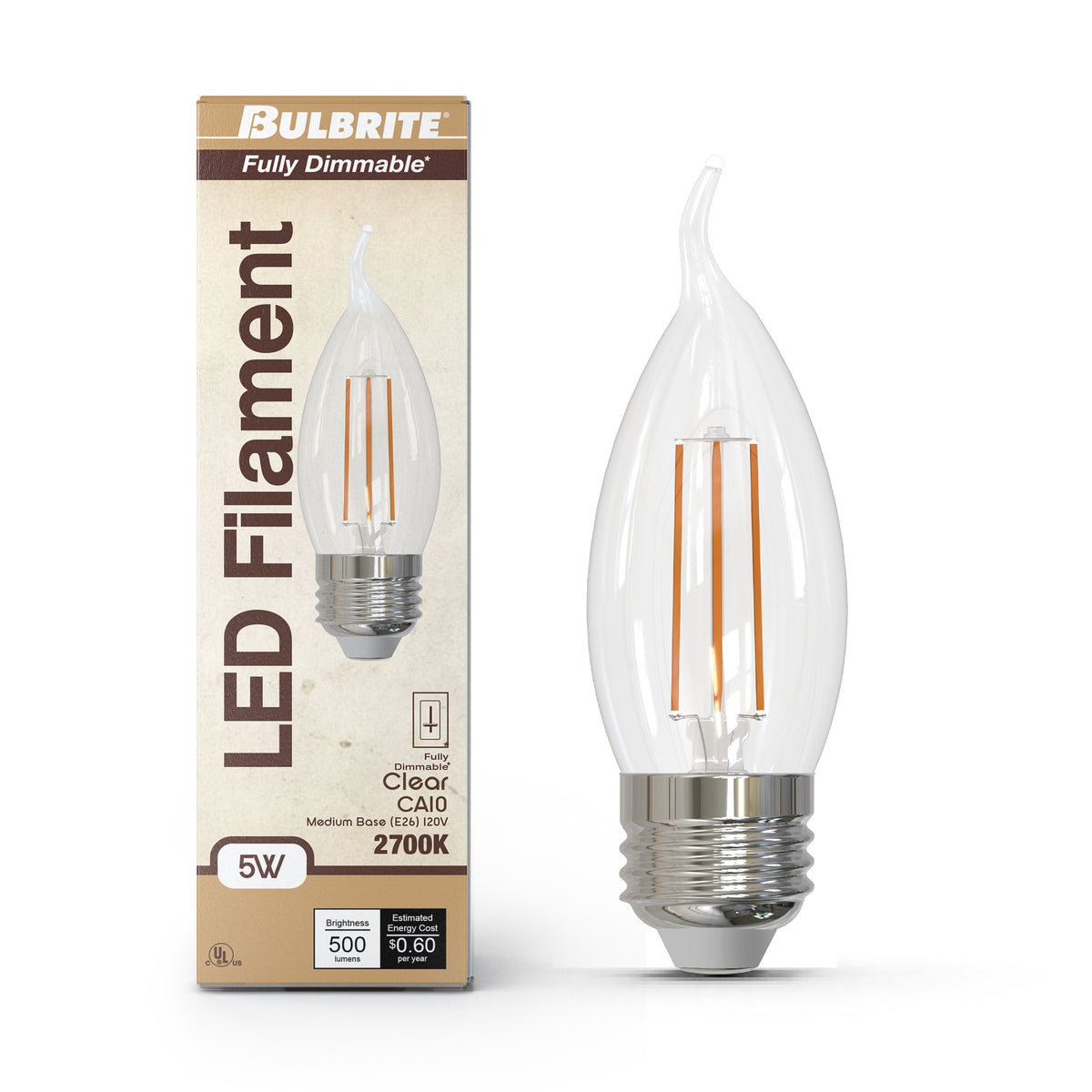 Bulbrite LED Filament 5W Dimmable CA10 Light Bulb with Clear Glass Finish and E26 Medium Base – 2700K Warm White Light, 500 Lumens, 4-Pack