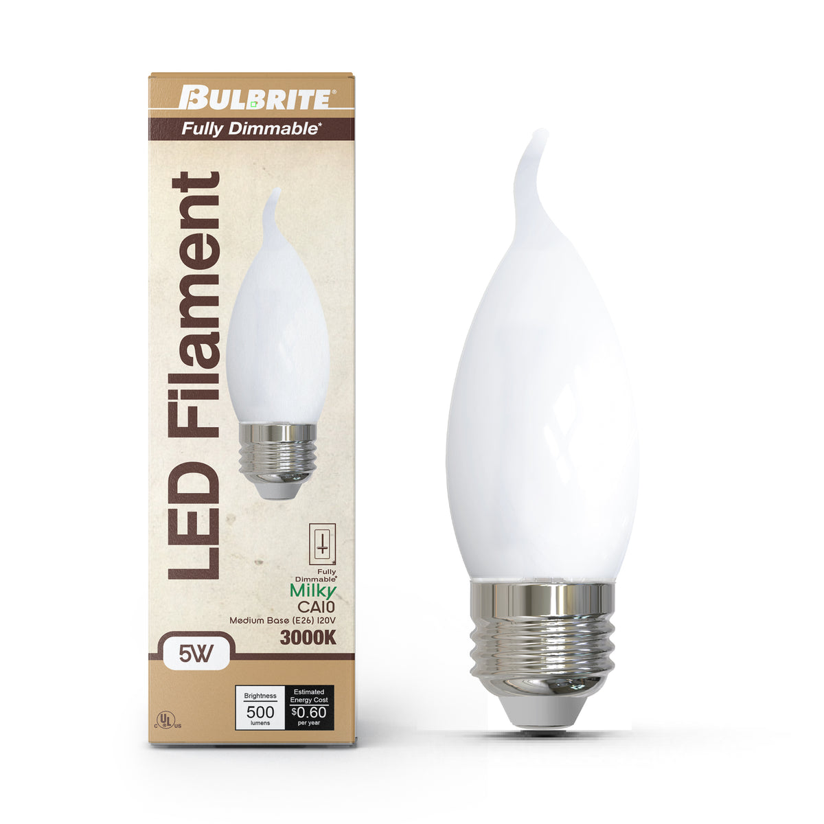 Bulbrite LED Filament 5W Dimmable CA10 Light Bulb with Milky Glass Finish and E26 Medium Base – 3000K Soft White Light, 500 Lumens, 4-Pack