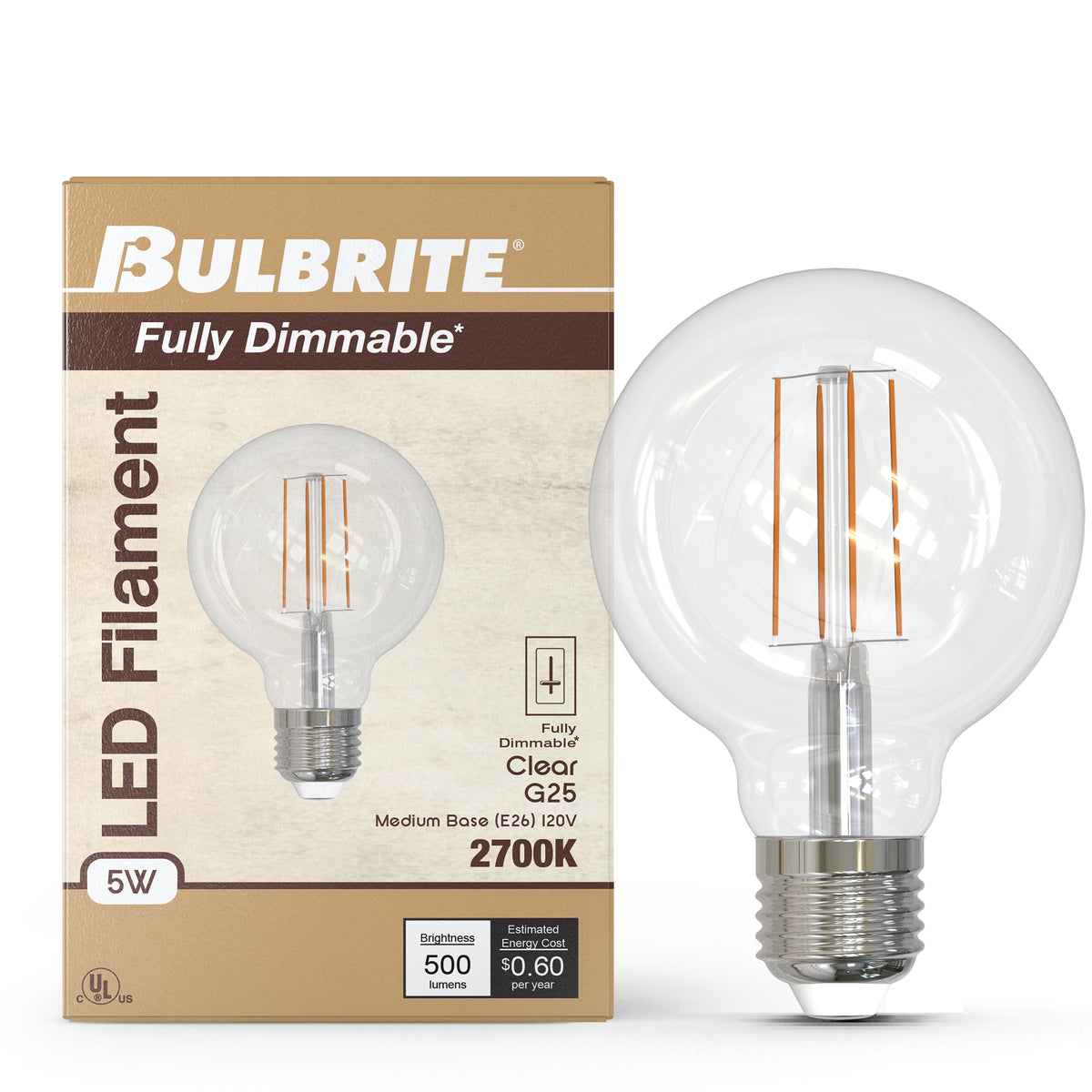 Bulbrite LED Filament 5W Dimmable G25 Light Bulb with Clear Glass Finish and E26 Medium Base – 2700K Warm White Light, 500 Lumens, 4-Pack