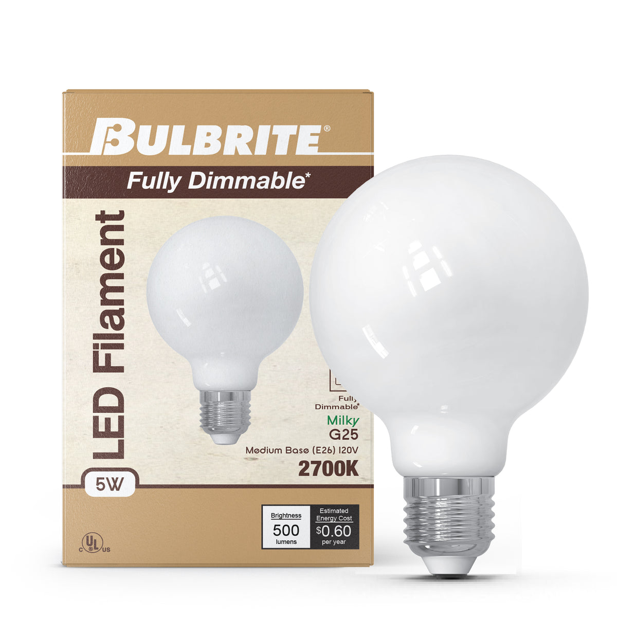 Bulbrite LED Filament 5W Dimmable G25 Light Bulb with Milky Glass Finish and E26 Medium Base – 2700K Warm White Light, 500 Lumens, 4-Pack
