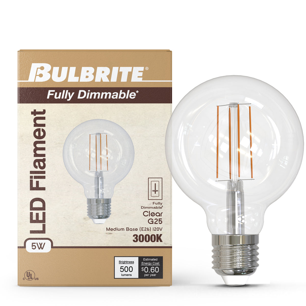 Bulbrite LED Filament 5W Dimmable G25 Light Bulb with Clear Glass Finish and E26 Medium Base – 3000K Soft White Light, 500 Lumens, 4-Pack