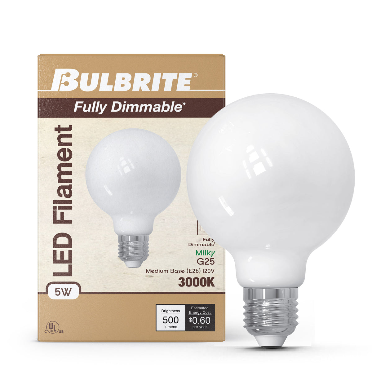 Bulbrite LED Filament 5W Dimmable G25 Light Bulb with Milky Glass Finish and E26 Medium Base – 3000K Soft White Light, 500 Lumens, 4-Pack