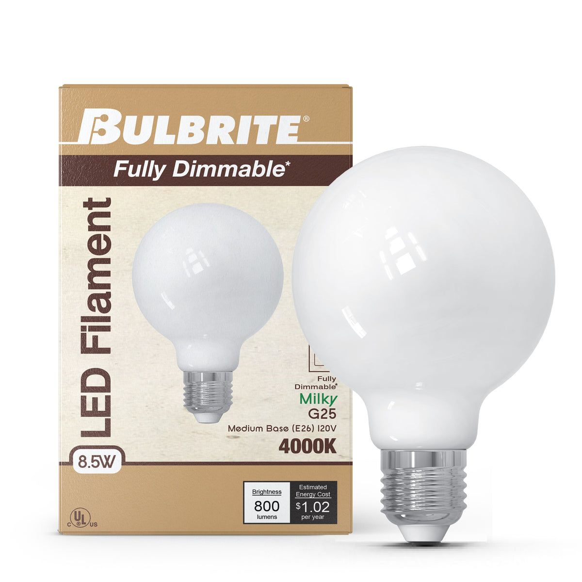 Bulbrite LED Filament 8.5W Dimmable G25 Light Bulb with Milky Glass Finish and E26 Medium Base – 4000K Cool White Light, 800 Lumens, 4-Pack