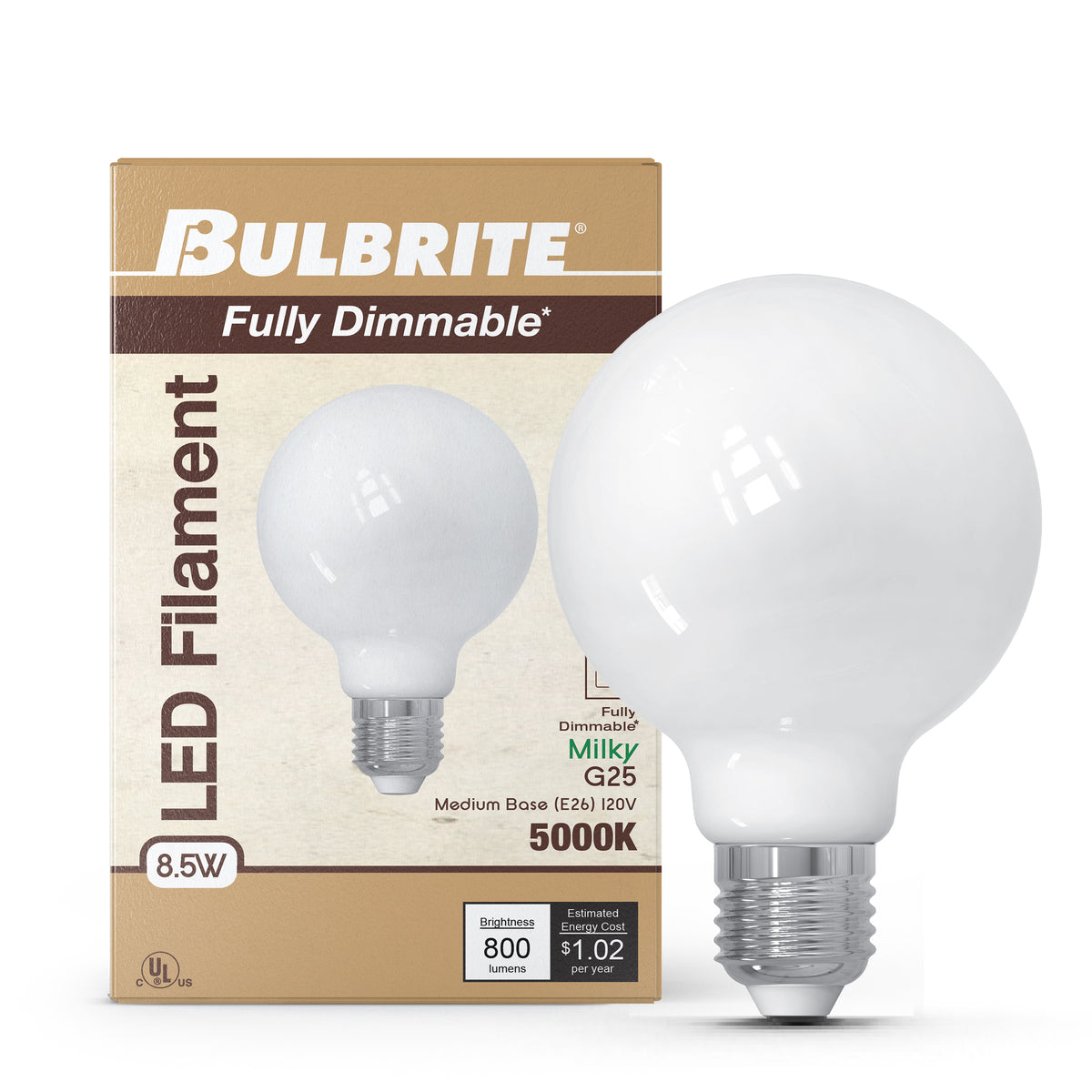 Bulbrite LED Filament 8.5W Dimmable G25 Light Bulb with Milky Glass Finish and E26 Medium Base – 5000K Soft Daylight Light, 800 Lumens, 4-Pack