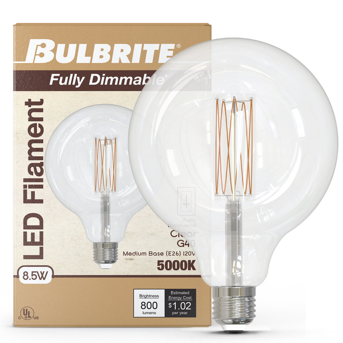 Bulbrite LED Filament 8.5W Dimmable G40 Light Bulb with Clear Glass Finish and E26 Medium Base – 5000K Soft Daylight Light, 800 Lumens, 2-Pack