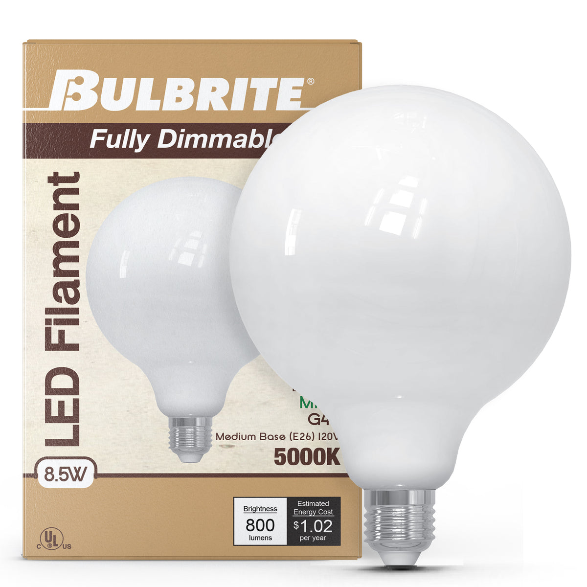 Bulbrite LED Filament 8.5W Dimmable G40 Light Bulb with Milky Glass Finish and E26 Medium Base – 5000K Soft Daylight Light, 800 Lumens, 2-Pack